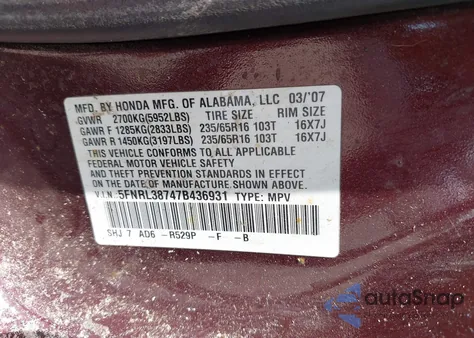 2007 Honda Odyssey Ex-L из США, поврежденный, VIN 5FNRL38747B436931